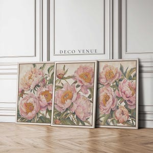 3 Pink Peonies Paintings Framed Wall Art 3 Pieces Vintage Floral Art Print Botanical Peony Canvas Wall Art Set Boho Flower Wall Decor