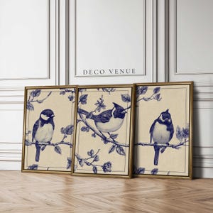 Chinoiserie Blue and White Floral Bird Wall Art Framed Prints Vintage Style Botanical Bird Wall Art 3 Piece Modern Minimalist Wall Art Decor