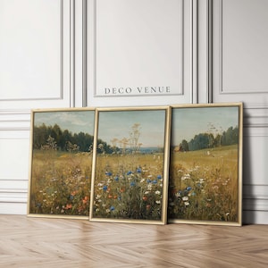 Field of Wildflowers Poster Set of 3 Framed Vintage Country Landscape Painting Large 3 Piece Wall Art  Meadow Flowers Art Print Set Florals