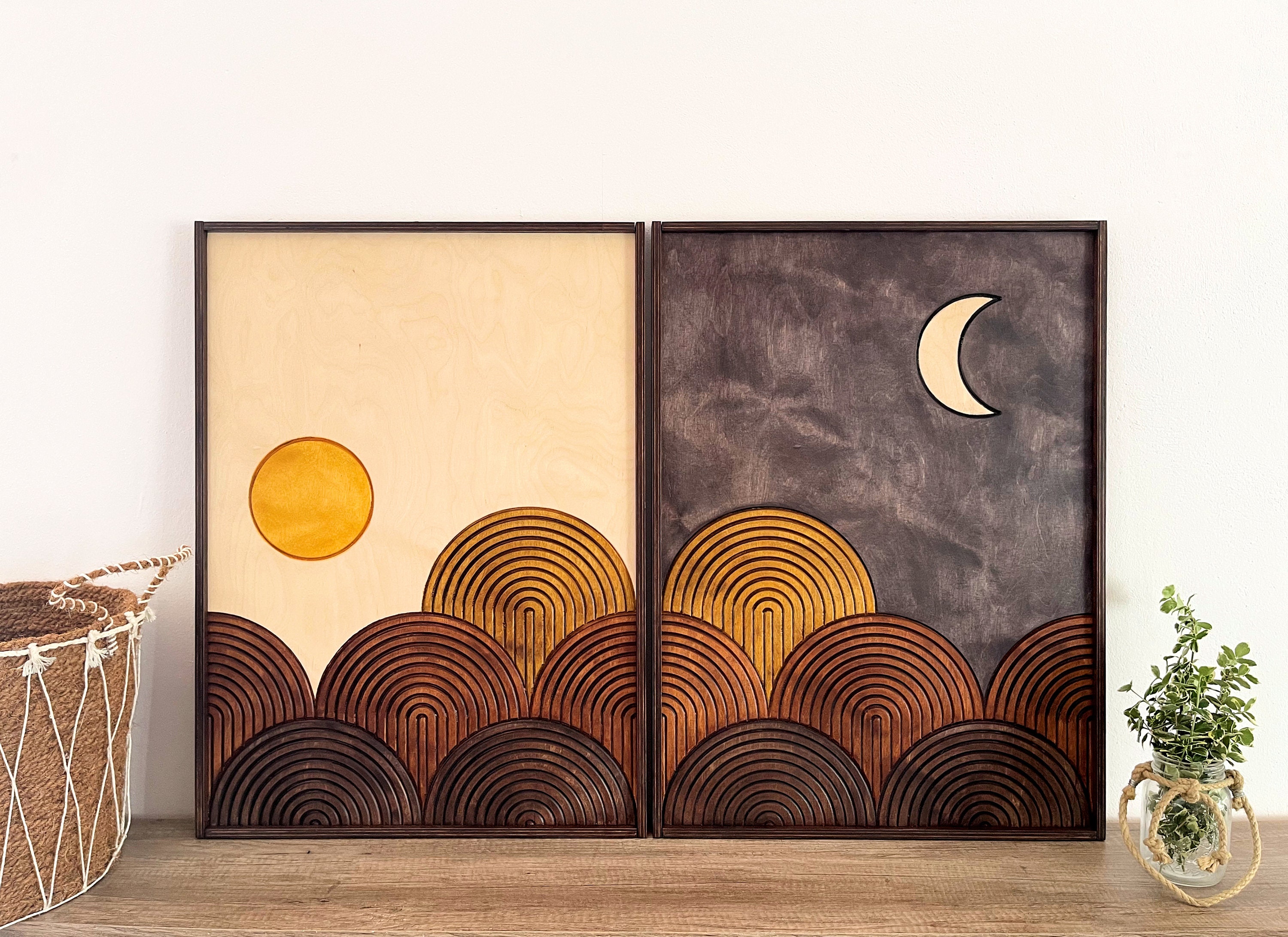 TEXTURED Day and Night 2 Piece Wood Wall Art Set FRAMED, Mid TEXTURED Day and Night 2 Piece Wood Wall Art Set FRAMED, Mid