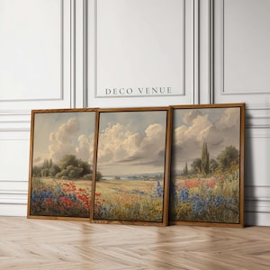 Spring Meadow Poster Set of 3 Framed Vintage Watercolor Large 3 Piece Wall Art Field Of Wildflowers Art Print Set Country Landscape Painting