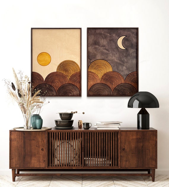 TEXTURED Day and Night 2 Piece Wood Wall Art Set FRAMED, Mid TEXTURED Day and Night 2 Piece Wood Wall Art Set FRAMED, Mid