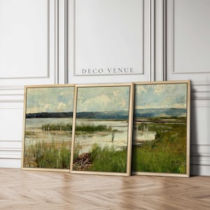Lake Marshland muurkunst ingelijste grote vintage 3-delige muurkunst nautische Lake poster set van 3 muurkunst Lake landschap schilderij canvasafdrukken