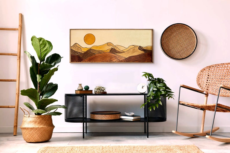 Desert Sun Panoramic Wood Wall Art, Wood Carving Wall Art, Earth Tone Dunes Wall Art, Watercolor Landscape Art, Terracotta Boho wall decor image 6