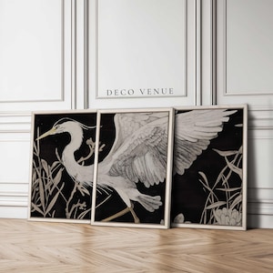 Framed Vintage Heron Bird Animal Wall Art Modern Black and White Framed Wall Art Japandi Japanese Style Art Print Horizontal Living Room Art