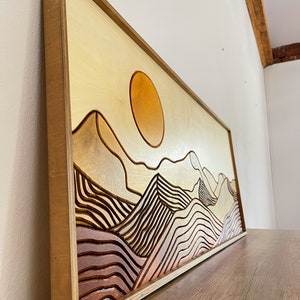 Desert Sun Panoramic Wood Wall Art, Wood Carving Wall Art, Earth Tone Dunes Wall Art, Watercolor Landscape Art, Terracotta Boho wall decor image 10