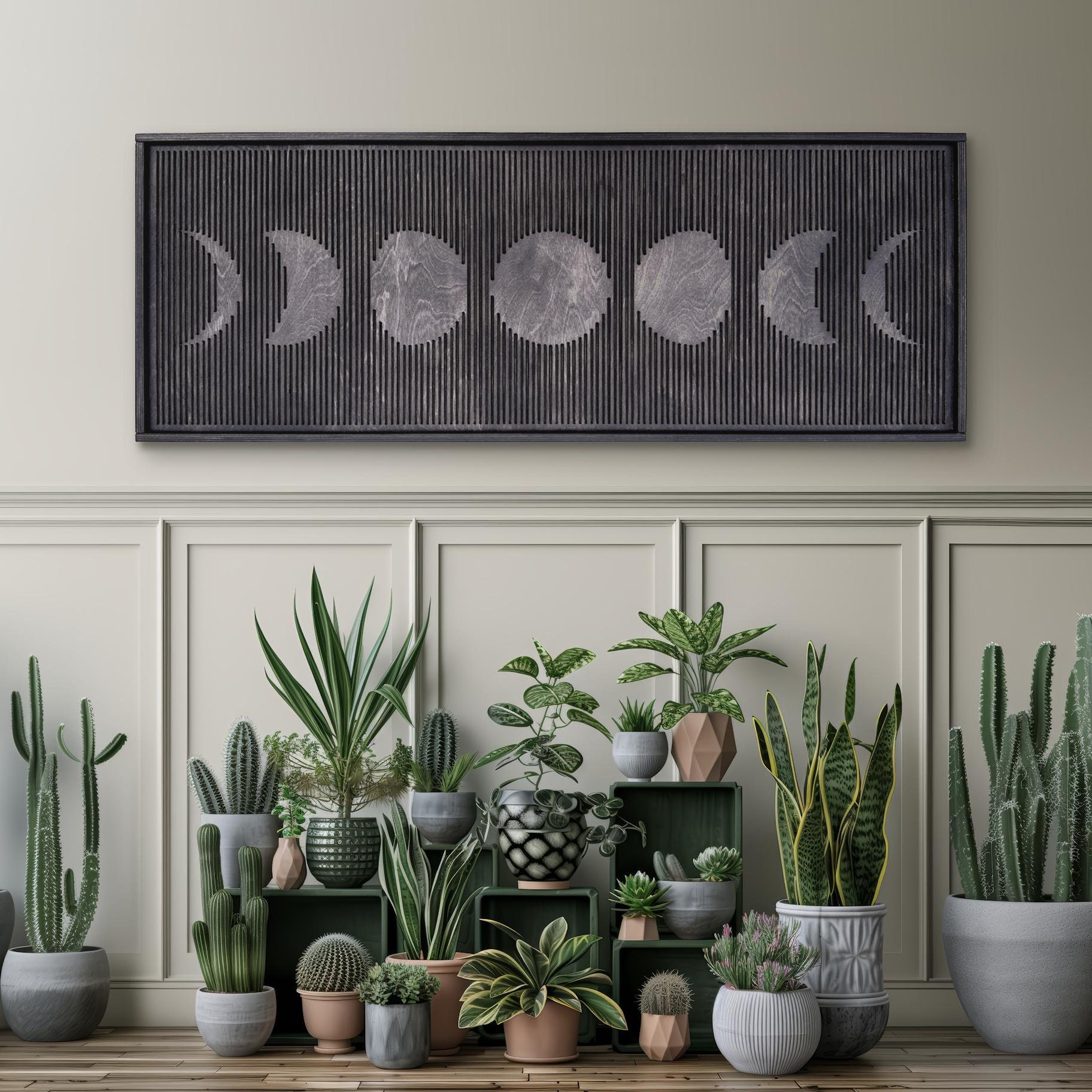 Moon Phases Framed Wooden Wall Art, Rustic Geometric Line Art, Boho Minimalist design, Celestial, Lunar Eclipse,Living Room Above Bed Decor