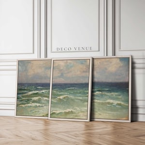 Coastal Wall Art Framed Ocean Wall Art Painting Set of 3 Poster Prints Vintage Beach House Wall Decor Surfer Sailer Nautical Wall Art Gift