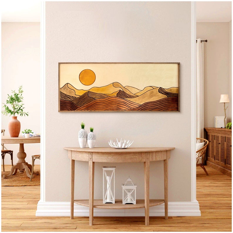 Desert Sun Panoramic Wood Wall Art, Wood Carving Wall Art, Earth Tone Dunes Wall Art, Watercolor Landscape Art, Terracotta Boho wall decor image 1