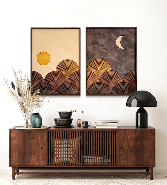 Holz Wandbilder MIT Rahmen Sonne und Mond, Mid-Century Modern, Retro Vintage  70er Wanddeko, Moderne Geometrische Kunst, Wohnzimmer Deko