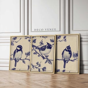 Toile Blue and White Bird Wall Art Framed Chinoiserie Wall Art Prints Vintage Modern Minimalist Style Wall Art 3 Piece Set Floral Wall Decor