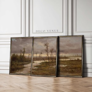 Tranquil Riverside Landscape Large Canvas Wall Art Framed 3 Piece Vintage Art Print Rustic Farmhouse Decor Entryway Living Room Wall Hanging