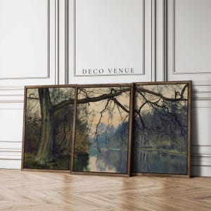 Tranquil River Landscape Vintage Wall Art Framed Nature Scenery Painting Wall Art Large 3 Piece Wall Art Living Room Farmhouse Wall Decor