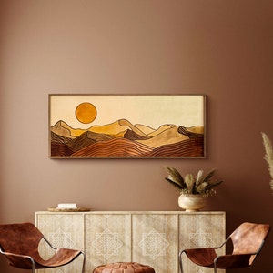 Desert Sun Panoramic Wood Wall Art, Wood Carving Wall Art, Earth Tone Dunes Wall Art, Watercolor Landscape Art, Terracotta Boho wall decor image 3