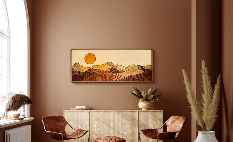 Desert Sun Panoramic Wood Wall Art, Wood Carving Wall Art, Earth Tone Dunes Wall Art, Watercolor Landscape Art, Terracotta Boho wall decor image 3