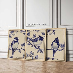 Blue Chinoiserie Floral Birds Wall Art Prints Framed Vintage Style Botanical Bird Wall Art 3 Pieces Wall Decor Modern Minimalist Wall Art