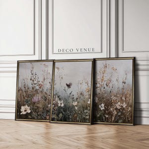Moody Meadow Field of Wildflowers Poster Set of 3 Framed  Canvas Vintage Landscape Painting Large 3 Piece Wall Art Flower Print Set Florals