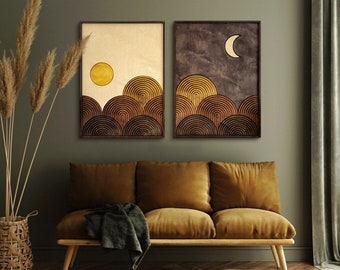 TEXTURED Day and Night 2 Piece Wood Wall Art Set FRAMED, Mid