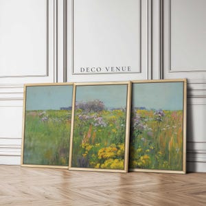 Wildflower Field Wall Art Framed Meadow Landscape Poster Print Set of 3 Wall Art Floral Flower Field Wall Art Vintage Botanical Painting