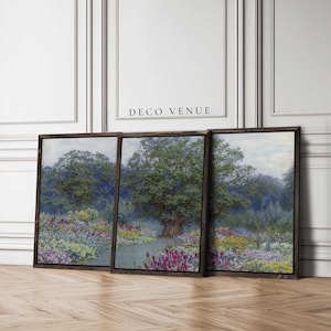 Arte de parede emoldurada para jardim botânico, conjunto de 3 artes de parede florais, arte de parede para jardim de flores, pintura pastel vintage para jardim, arte de parede em tela grande