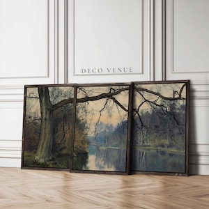 Vintage River Landscape Print, Rustic Nature Wall Art, Framed Canvas Wall Art, Large Oil Painting Print, Nature Wall Art Living Room Decor