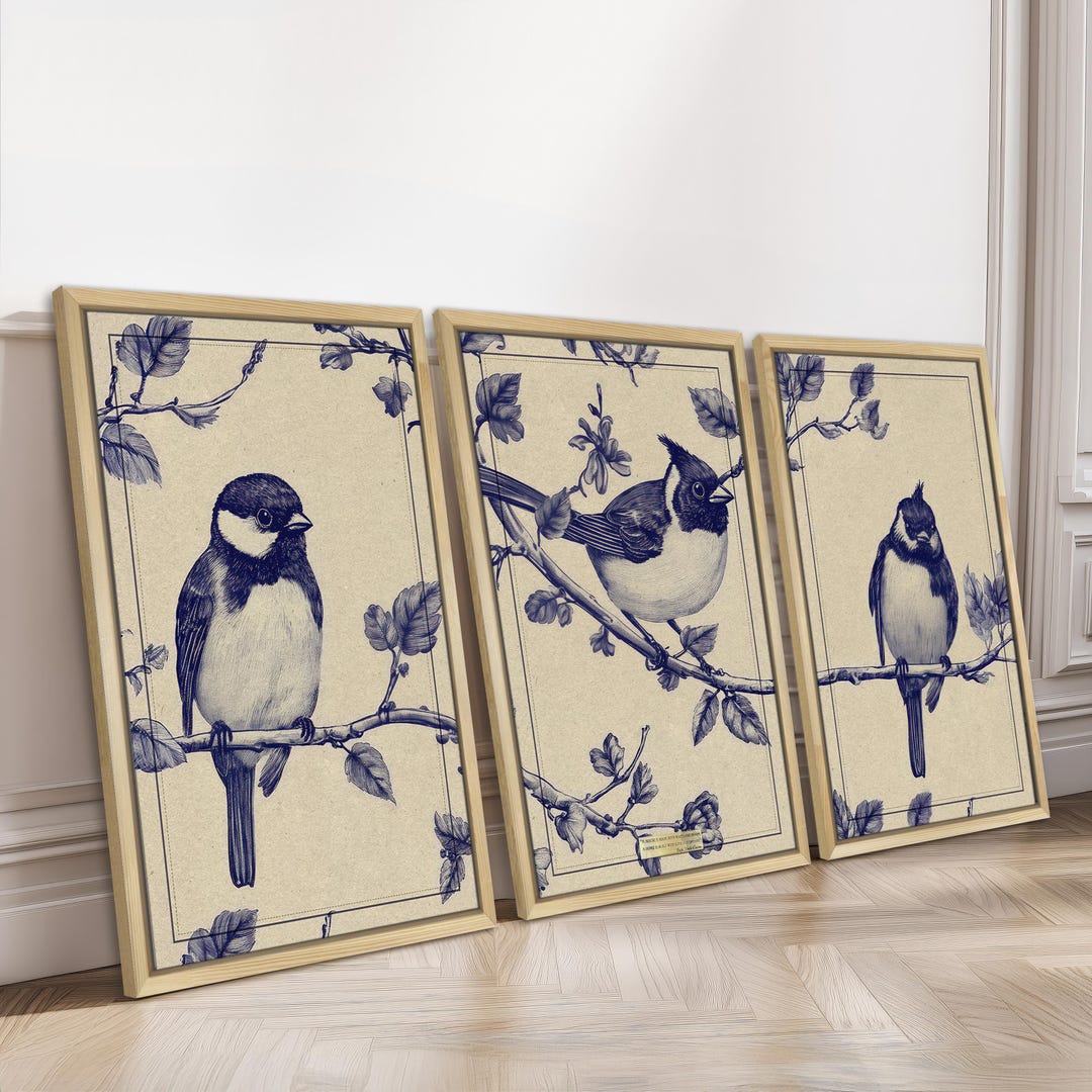 Blue Chinoiserie Floral Birds Wall Art Prints Framed Vintage Style ...