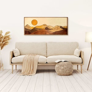 Desert Sun Panoramic Wood Wall Art, Wood Carving Wall Art, Earth Tone Dunes Wall Art, Watercolor Landscape Art, Terracotta Boho wall decor image 4