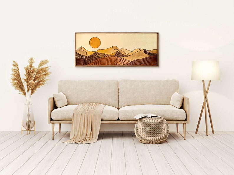 Desert Sun Panoramic Wood Wall Art, Wood Carving Wall Art, Earth Tone Dunes Wall Art, Watercolor Landscape Art, Terracotta Boho wall decor image 4