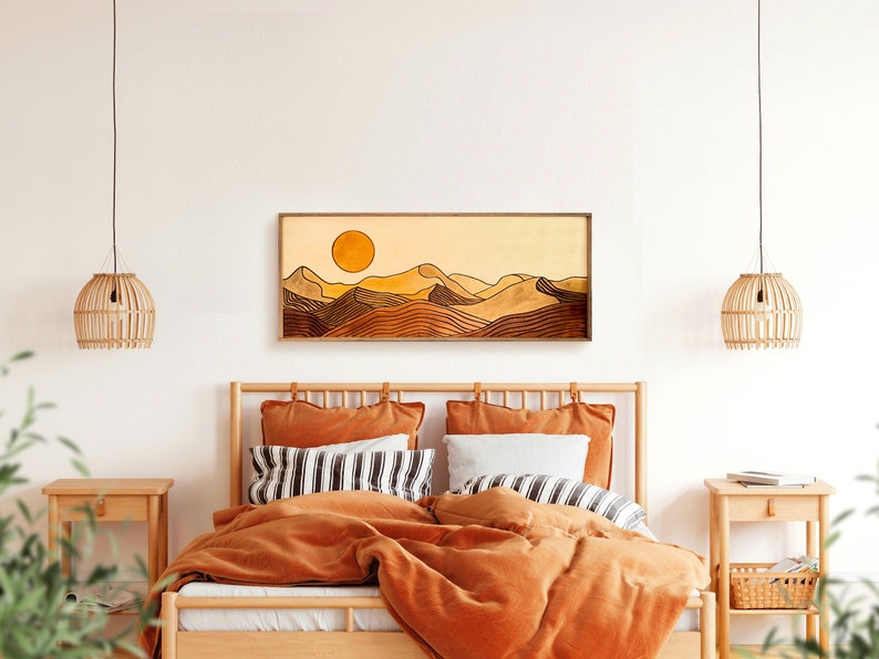 Desert Sun Panoramic Wood Wall Art, Wood Carving Wall Art, Earth Tone Dunes Wall Art, Watercolor Landscape Art, Terracotta Boho wall decor image 7