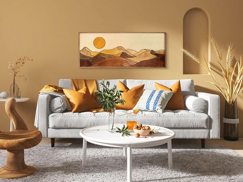 Desert Sun Panoramic Wood Wall Art, Wood Carving Wall Art, Earth Tone Dunes Wall Art, Watercolor Landscape Art, Terracotta Boho wall decor image 5