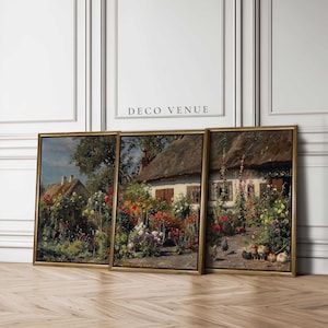 Farmhouse Cottagecore Style Framed Wall Art Floral Garden Wall Decor Set of 3 Flower Garden Canvas Wall Art Vintage Garden Cottage Painting
