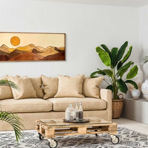 Desert Sun Panoramic Wood Wall Art, Wood Carving Wall Art, Earth Tone Dunes Wall Art, Watercolor Landscape Art, Terracotta Boho wall decor image 2