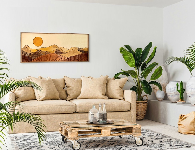 Desert Sun Panoramic Wood Wall Art, Wood Carving Wall Art, Earth Tone Dunes Wall Art, Watercolor Landscape Art, Terracotta Boho wall decor image 2