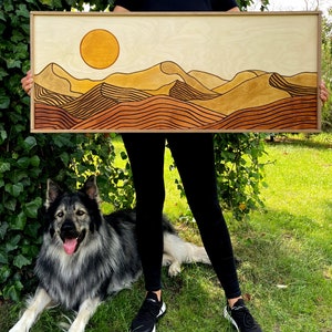 Desert Sun Panoramic Wood Wall Art, Wood Carving Wall Art, Earth Tone Dunes Wall Art, Watercolor Landscape Art, Terracotta Boho wall decor image 8