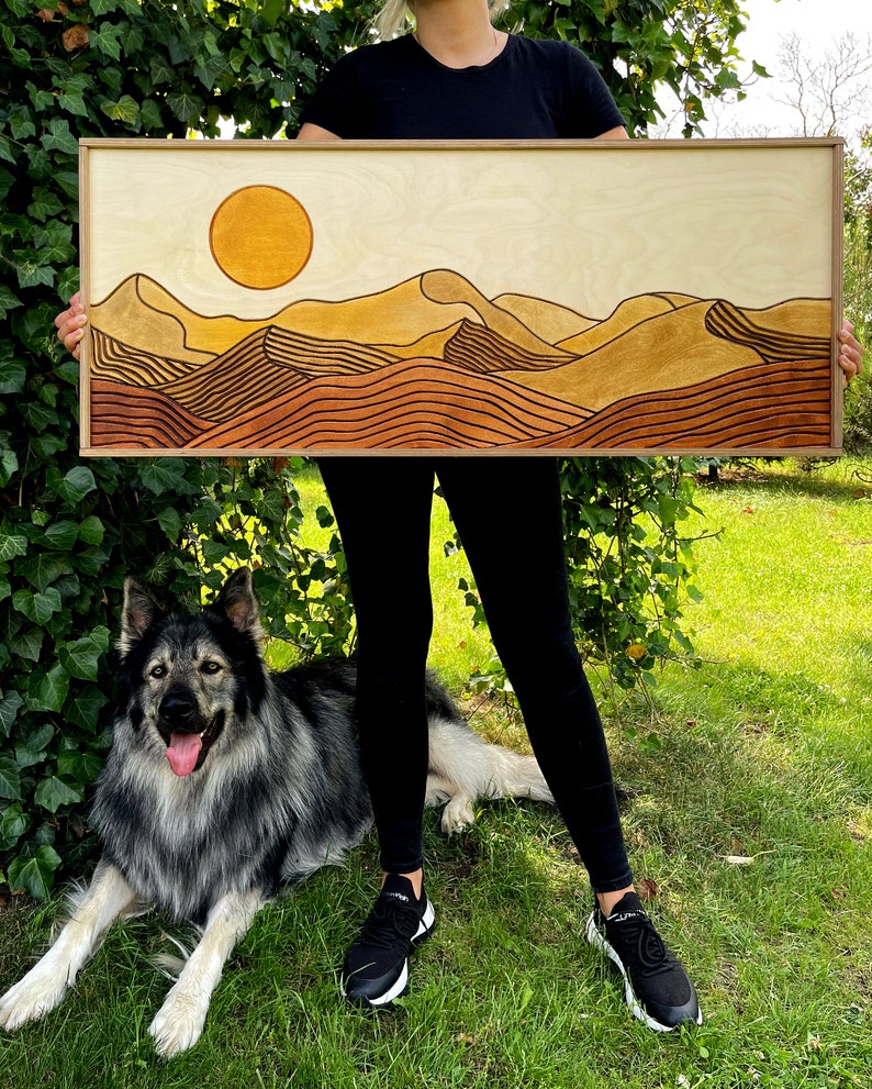 Desert Sun Panoramic Wood Wall Art, Wood Carving Wall Art, Earth Tone Dunes Wall Art, Watercolor Landscape Art, Terracotta Boho wall decor image 8
