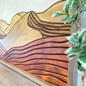 Desert Sun Panoramic Wood Wall Art, Wood Carving Wall Art, Earth Tone Dunes Wall Art, Watercolor Landscape Art, Terracotta Boho wall decor image 9