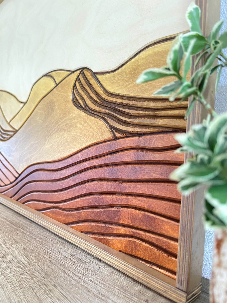 Desert Sun Panoramic Wood Wall Art, Wood Carving Wall Art, Earth Tone Dunes Wall Art, Watercolor Landscape Art, Terracotta Boho wall decor image 9