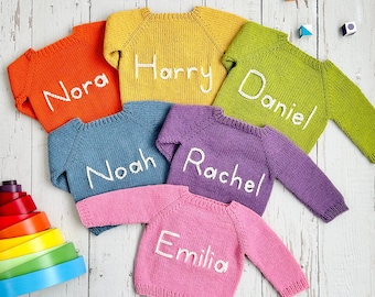 Personalized Hand Knit Baby Name Sweater, Custom Newborn & Toddler Gift, Unique Birthday Present, 20 Colors, Embroidered Sweat, Gift Wrapped