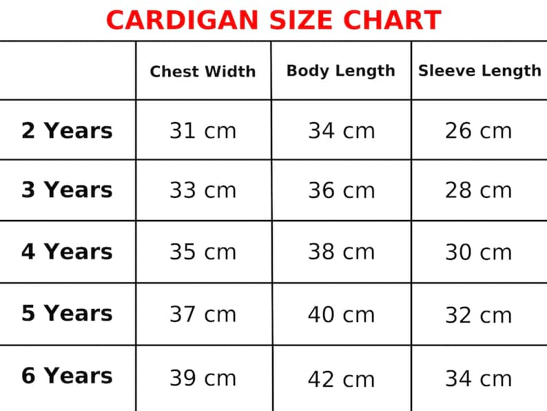 Strawberry cardigan size chart.