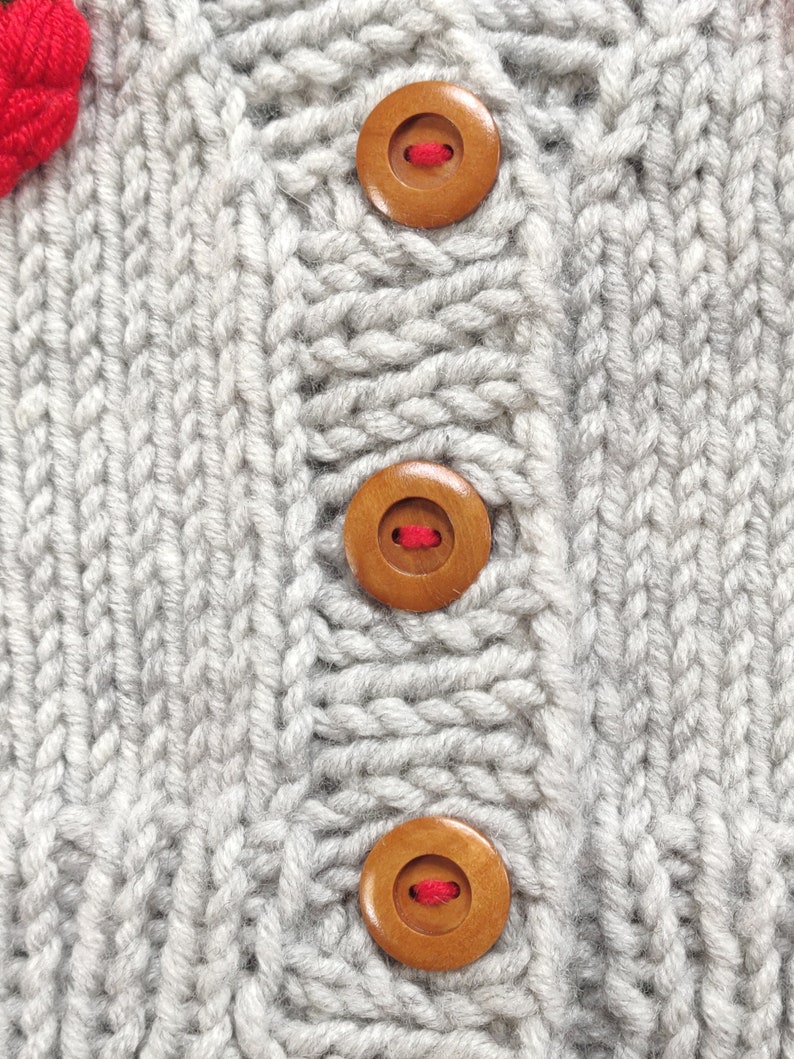 Button details of the custom order cardigan.