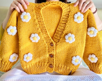 Puffy Daisy Knit Chunky Cardigan For Little Girl, Toddler 3D Flower Vintage Jacket, Floral Easter Kids Clothing, Handmade Gift Baby Birthday