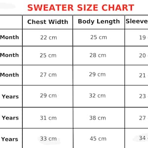 Sweater size chart. Chest width, body length and sleeve length measurements of minimalist name embroidered sweaters from newborn to 6 years old.