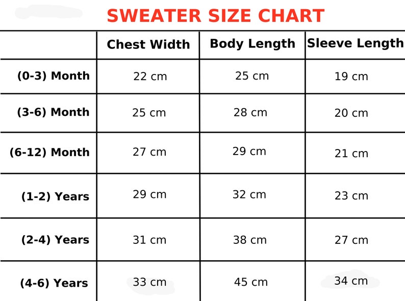 Sweater size chart. Chest width, body length and sleeve length measurements of minimalist name embroidered sweaters from newborn to 6 years old.
