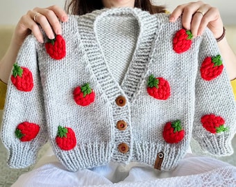 Handknitted Chunky Cardigan With 3D Fluffy Strawberry For Little Girl, Personalized Handmade Toddler Strawberry Cardigan, Kids Outfits