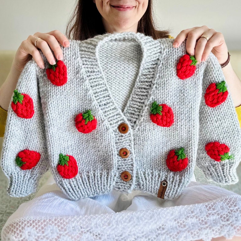 Handknitted Chunky Cardigan With 3D Fluffy Strawberry For Little Girl, Personalized Handmade Toddler Strawberry Cardigan, Kids Outfits image 1