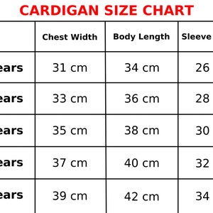 Fruit cardigan size chart. Chest width, body length and sleeve length measurements of hand knit 3d fruits cardigans from 2 years to 6 years old.