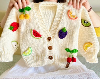 Hand Knit Chunky Cardigan With 3D Fruit For Kid, Handmade Children Fruity Jacket for Toddler, First Birthday Gift, Custom Winter Girl Outfit