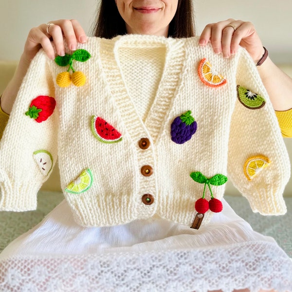 Hand Knit Chunky Cardigan With 3D Fruit For Kid, Handmade Children Fruity Jacket for Toddler, First Birthday Gift, Custom Winter Girl Outfit