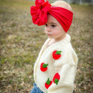 Handknitted Chunky Cardigan With 3D Fluffy Strawberry For Little Girl, Personalized Handmade Toddler Strawberry Cardigan, Kids Outfits image 2