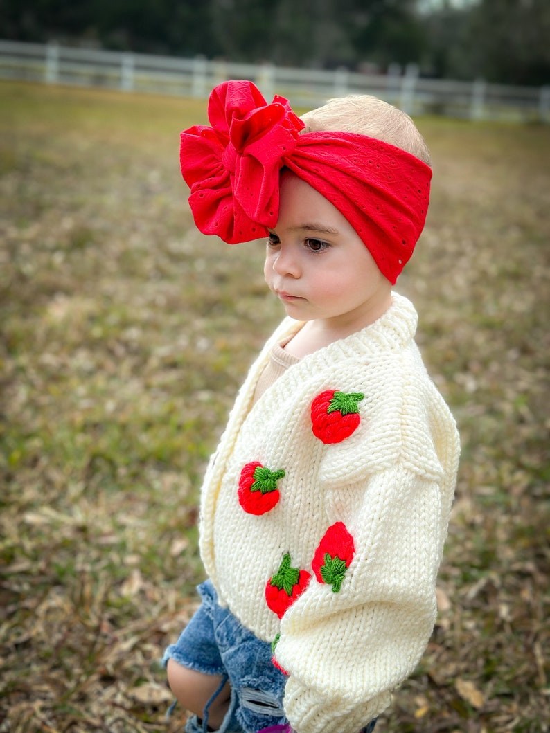 Handknitted Chunky Cardigan With 3D Fluffy Strawberry For Little Girl, Personalized Handmade Toddler Strawberry Cardigan, Kids Outfits image 2